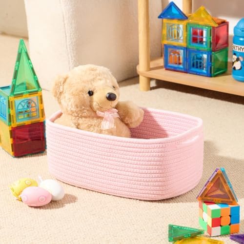 MiniArk Small Storage Baskets for Organizing | Closet Organizer Bins | Shelf Toy Basket | Woven Rope Baskets | Cube Decorative Box | Shallow Basket | 13x8.5x5.1” | 3 Packs Light Pink - Image 4