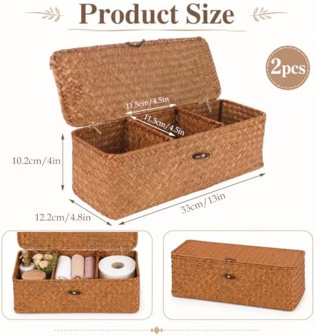 2Pcs Wicker Storage Basket with Lid, Toilet Tank Basket with Lid, Decorative Seagrass Storage Baskets for Shelf Bathroom Toilet Table - Image 2