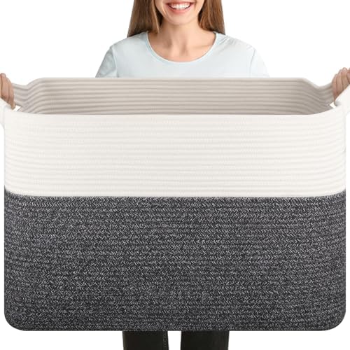 OIASKET 108L Cotton Rope Storage Basket for Living Room and Bedroom 25"x16"x16" Woven Laundry Basket, Heavy Duty Bin for Blankets, Pillows & Toys, Pet-Safe & Scratch-Free, Dark Grey and White by OIASKET