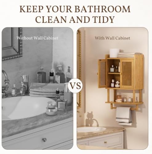 AmazerBath Bathroom Wall Cabinets, Bamboo Medicine Cabinet with Rattan Door, Over The Toilet Storage Cabinet with Towel Bar, Wall Mounted Cabinet with Adjustable Shelves for Small Spaces - Image 5