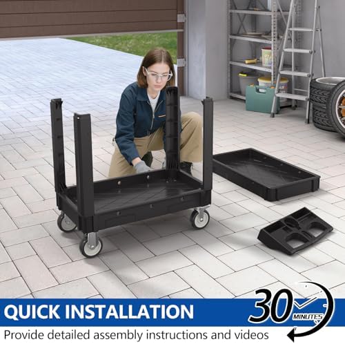 2 Tier Plastic Rolling Cart Utility Cart on Wheels, Heavy Duty Tool Carts with Ergonomic Storage Handle and Deep Shelfs, Work Cart Service Cartss for Garage, Warehouse, Workshop, Office, Cleaning - Image 4