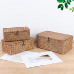 FEIALNDUO Wicker Shelf Baskets with Lid,Seagrass Storage Basket Bins Rectangular Handwoven Basket Boxes for Shelves Desktop Home Organizer (Coffee, Large) - Image 7