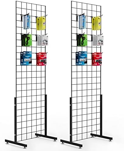 Bonnlo 2' x 6' Standing Grid Panel Tower, Thicker 5mm Wire, 180 LBS Weight Capacity Grid Wall with T-Legs, Grid Rack for Retail Display with Extra Hooks (2) by Bonnlo