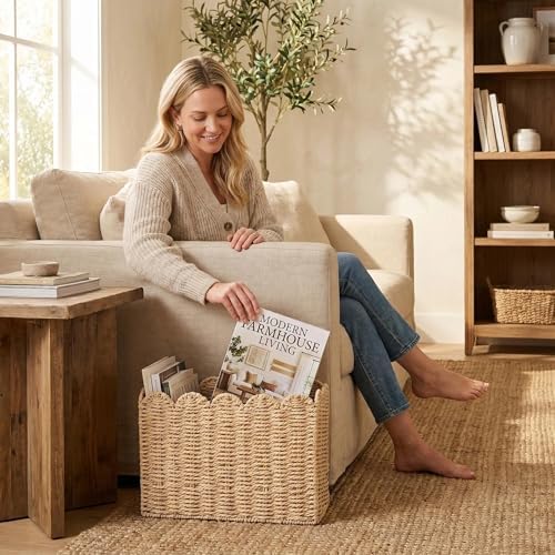 Scalloped Magazine Holder, Hand-wowen Paper Rope Book Holder, Wicker Mail Organizer, File Storage for Bedroom, Narrow Floor Basket for living Room, Office - Image 2