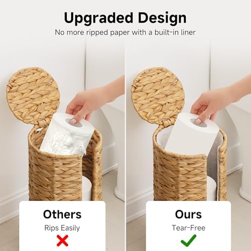 StorageWorks Water Hyacinth Free Standing Toilet Paper Holder Stand for Bathroom, 3 Rolls of Toilet Tissue Storage with a Built-in Cloth Lining, Toilet Roll Holder Stand with Lid - Image 4