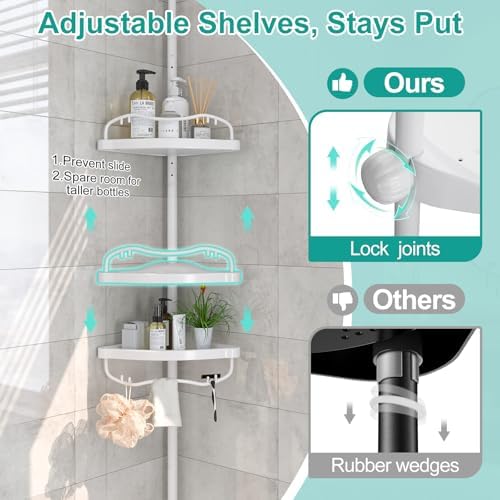 Corner Shower Caddy:125" Adjustable Inside Tension Shower Organizer Tension Pole,Rustproof Bathroom Organizer Shelves for Bathtub Shampoo Conditioner Storage,Floor to Ceiling Standing Showering Rack - Image 3