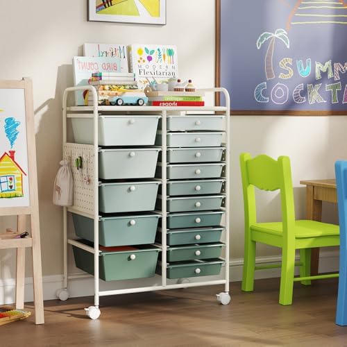 Giantex 15 Drawer Storage Cart, Rolling Craft Cart with Metal Tabletop & Pegboard, Mobile Utility Organizer Trolley with Locking Wheels, Home Office, Classroom, Teacher Supplies, Green Gradient - Image 5