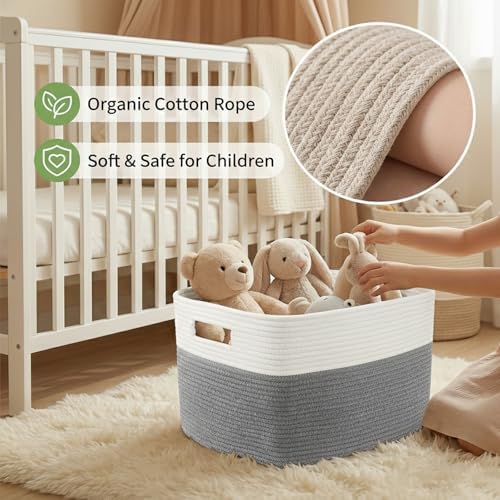 JMvicyroam 96L Large Woven Cotton Rope Blanket Basket, White&Grey - Image 4