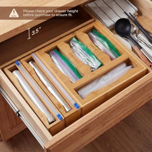 6-in-1 Bamboo Kitchen Drawer Organizer for Storage Bag, Foil & Plastic Wrap - Image 4