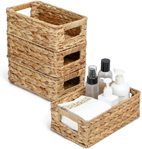 4 Small 3.6 QT Water Hyacinth Wicker Baskets for Shelves, 10" Long Woven Pantry Organizers and Storage Basket, Decorative Ratten Shallow Rectangle Baskets for Organizing Countertop Bathroom by Tadacumir