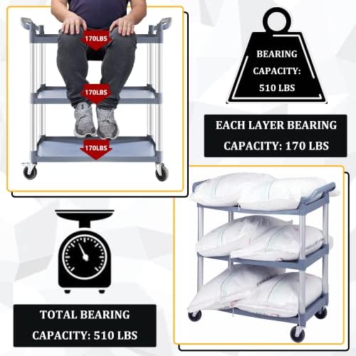 Plastic Utility Carts with Wheels, 3-Tier Medium Size Restaurant Food Cart, Heavy Duty 510lbs Capacity Rolling Service Cart w/Hammer for Commercial, Kitchen, Office (Lockable Wheels, M-Grey) - Image 4