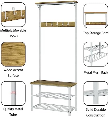 Hall Tree with Bench and Shoe Storage, 3-in-1 Coat Rack Shoe Bench, Freestanding Wooden Coat Rack with Metal Frame, 3-Tier Storage Shelf and 5 Removable Hooks, White - Image 5