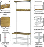 Hall Tree with Bench and Shoe Storage, 3-in-1 Coat Rack Shoe Bench, Freestanding Wooden Coat Rack with Metal Frame, 3-Tier Storage Shelf and 5 Removable Hooks, White - Image 5