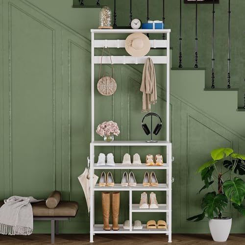 GiftGo Modern White Large 5-Tier Hall Tree Entryway Wooden Shoes Rack Shelf Coat Rack with Movable 9 Metal Hooks Storage Organizer for Home Office Bedroom Mudroom Living Room - Image 4