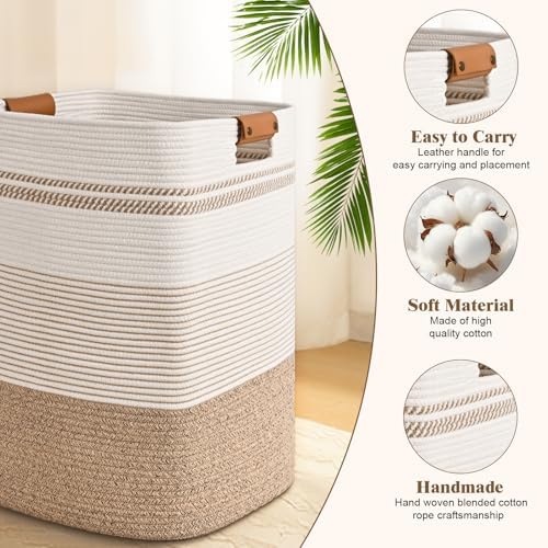 Laundry Hamper, 85L Tall Laundry Basket with Leather Handles, Rectangle Large Clothes Hamper for Organizing, Cotton Woven Laundry Baskets Storage Hampers for Bedroom, Nursery, Living Room - Image 6