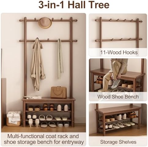 AQIMUELE Coat Rack with Shoe Storage, Wooden Hall Tree with Bench, 11 Hooks and 2-Tier Storage Shelves, 3-in-1, Entryway Bench with Coat Rack (31.5"-Walnut) - Image 3