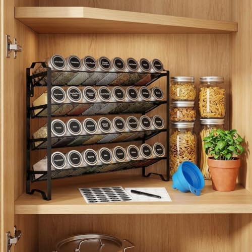 Simple Trending 4-Tier Spice Rack Organizer, Spice Rack with 32 Empty Spice Jars, 64 Spice Labels, Chalk Marker and Funnel Set for Cabinet, Wall Mount, Countertop, Kitchen, Pantry, Black - Image 2