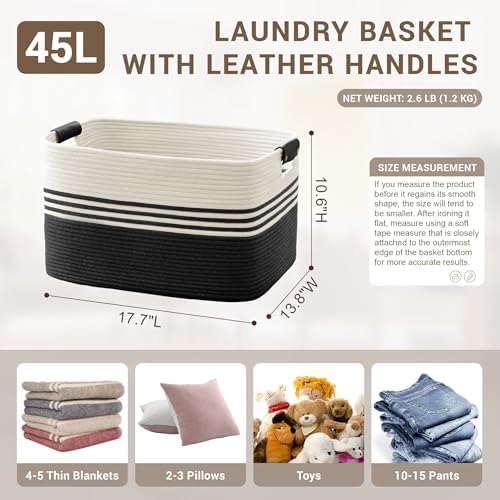 45L Small Woven Laundry Basket Hamper with Leather Handles,Black - Image 2