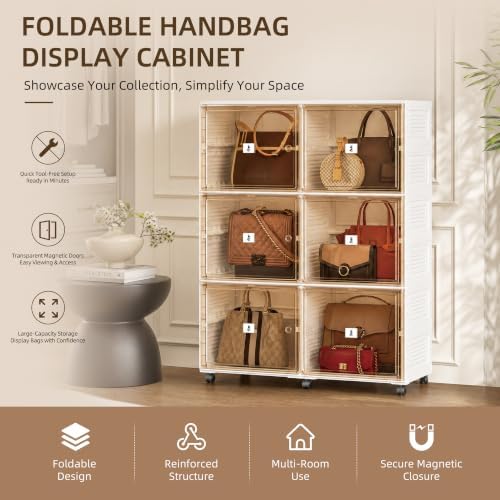 Purse Organizer for Closet, Handbag Storage, Brown 3-Tier 6-Cubby - Image 3