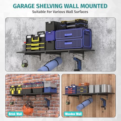 Garage Wall Shelving, 46'' x 12.6'' Garage Shelf Wall Mounted, Heavy Duty Storage Shelves 180 LBS Capacity, Floating Storage Rack with 4 Hooks, Black Metal Shelf Organizer for Basement, Workshop - Image 5