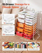 VEVOR Rolling Cart with Drawers, Double Row 15 Drawer Storage Organizer, Mobile Utility Cart, Steel Frame, Universal Casters & 2 Brakes, for Office, Classroom, Craft Room, Studio, Garage, Gradient Red - Image 2