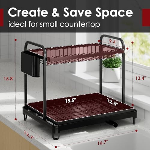 Sakugi Dish Drying Rack 2-Tier 16.7" x12.7" x15.8" Black Double Rod - Image 2