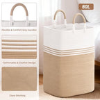 Laundry Basket Hamper,Blanket Storage,Dirty Clothes Hamper with Swivel Handles,Woven Cotton Rope Toy Baskets,Blanket Basket Living Room,Decorative Hampers for Nursery,Bedroom,White & Brown,80L - Image 6