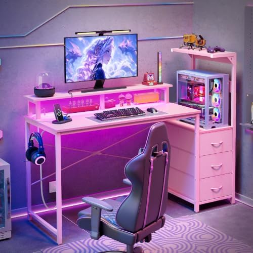 SUPERLELE Gaming Desk with Power Outlet, LED Lights, Storage Shelf & Drawer - Image 2
