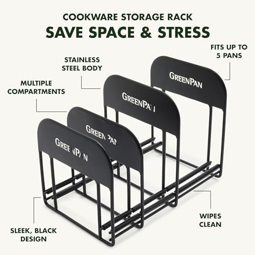 GreenPan Stainless Steel Wire Cookware Storage Rack, 5 Frying Pan Compartments, Countertop or Cabinent Organizer, Minimizes Clutter, Fast Drying, Wipes Clean, Black - Image 4