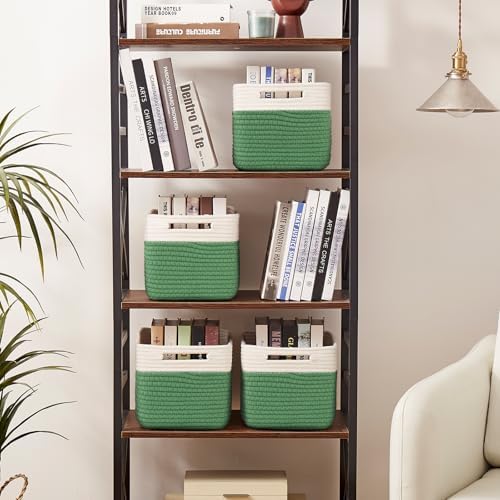 OIAHOMY 4 Pack Storage Basket, 13"x9"x7.8" Cotton Rope Baskets for Shelves, Closet Organizer for Bedroom & Living Room, Soft Decorative Bins for Organizing Towels, Books & Toys, Olive Green & White - Image 4