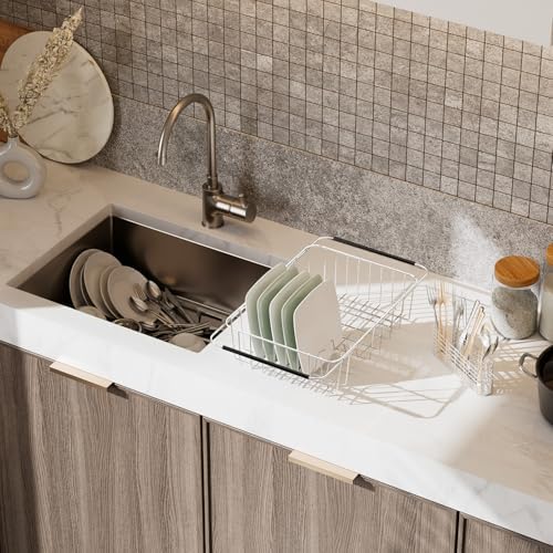 NiuYichee Stainless Steel Dish Drying Rack (15" L X 11" W X 4.1" H), Expandable Drain Rack Over Sink, Dish Drainer Rack in Sink, with Utensil Holder & 4 Hooks Cup Hanger - Image 3