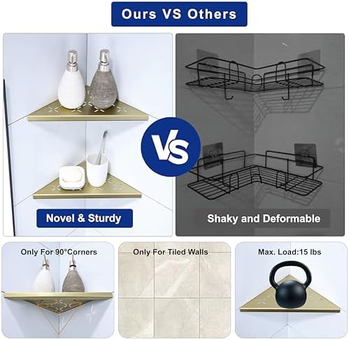 10" Corner Shower Shelf, 2-Pack Shower Shelves SUS304 Stainless Steel Bathroom Shelves for Tile Walls, Recessed Corner Shelf Organizer Rack, No Drilling (Brushed Gold) - Image 5