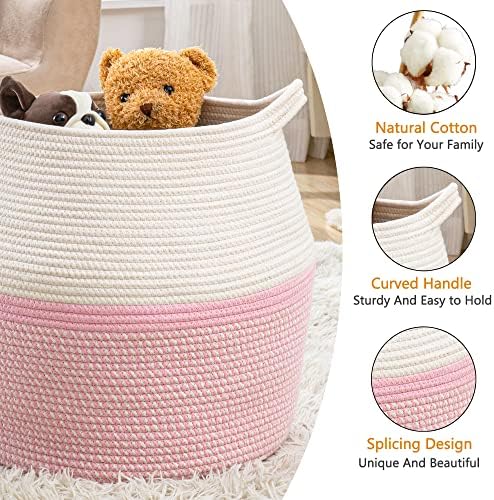 KAKAMAY Woven Baskets for Storage(17"x17"),Large Cotton Rope Woven Baby Laundry Hamper,Collapsible Laundry Basket, Blanket Basket for Organizing Living Room,Nursery,Pillows,Toy Chest(Pink) - Image 2