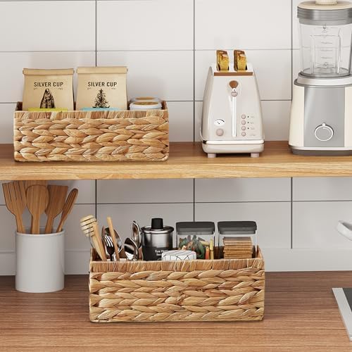 Vagusicc Wicker Storage Basket, Set of 2 Hand-Woven Water Hyacinth Wicker Baskets for Organizing Decor Storage Bins for Counter Shelves Pantry Basket Small Toilet Paper Basket for Toilet Tank Top - Image 7