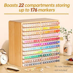 walowalo Markers Organizer Hold 176 Markers Birthday Gifts Bamboo Pen Holder Art Supply Pencil Alcohol Storage Organizer 22 Compartments All-in-One Marker Storage for Home Office Desk Classroom - Image 2