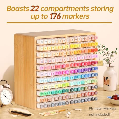 walowalo Markers Organizer Hold 176 Markers Birthday Gifts Bamboo Pen Holder Art Supply Pencil Alcohol Storage Organizer 22 Compartments All-in-One Marker Storage for Home Office Desk Classroom - Image 2