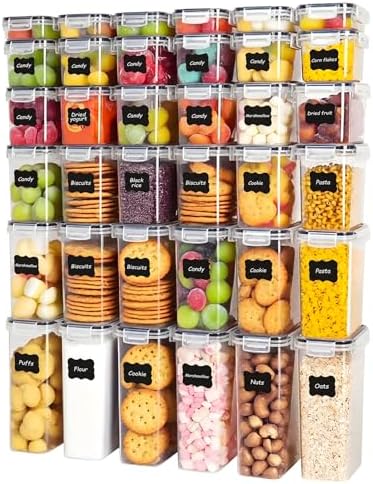 36 PCS Airtight Food Storage Containers with Lids, Plastic Kitchen and Organization Canisters for Cereal, Dry Food, Flour and Sugar, BPA-Free, PVC-Free, Includes Labels & Marker by Asnews