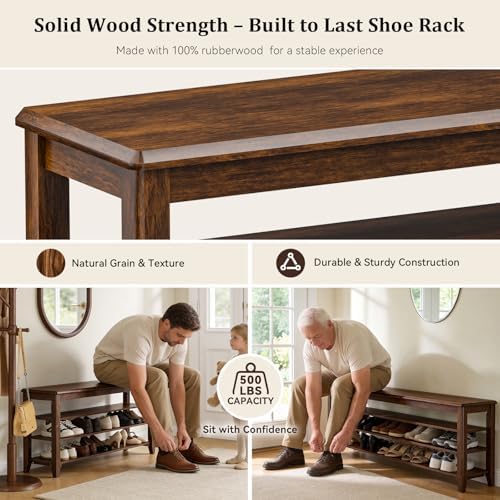 Taitiy Shoe Bench with 3 Tier Adjustable Shelves Rubberwood Entryway 47.2'' - Image 6