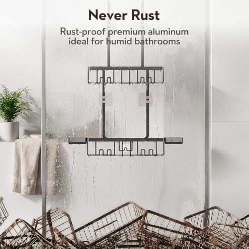 Over the Door Shower Caddy Hanging With Double Soap Holder Never Rust Aluminum Shower Shelf With 4 Hooks Hanging Bathroom Organizer No Drilling Shelves for Bathroom Storage Black - Image 4