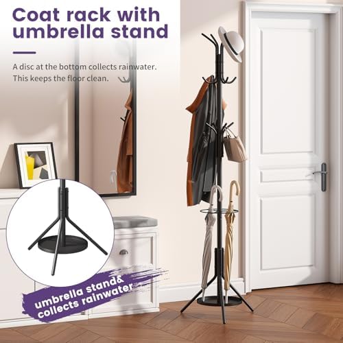 Coat Rack Freestanding,Entryway Hanger Stand,Umbrella Holder,Hall Tree With 12 Hooks, Floor Standing Metal Tree Stand,Black - Image 6
