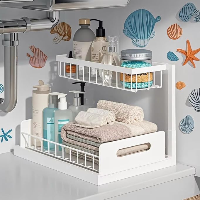 2 Tier Under Sink Organizer, Pull Out Sliding Drawer (White) - Image 2