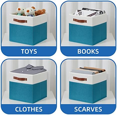 Temary Storage Cube Bins 11 Cube Storage Bins Storage Baskets for Closet, Shelves 4 Pack Fabric Organizer Bins with Leather Handles(White&Teal) - Image 4