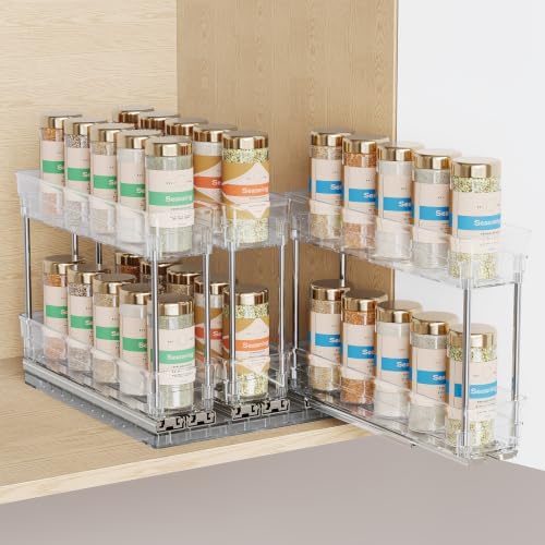 Mystozer Pull Out Spice Rack Organizer for Cabinet, Slide Out Spice Racks Organizer, Easy to Install Spice Cabinet Organizers, 8.5''Wx10.5''Dx8.3''H, 3 Drawers - 2 Tiers (Clear) by Mystozer