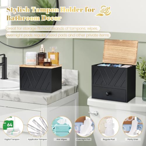Tampon Holder for Bathroom Decor, Feminine Product Organizer with Lid and Drawer, Shark Week Tampon Storage, Wood Pad and Tampon Organizer for Toilet Organizer, Bathroom Accessories Box for Girl Stuff - Image 3