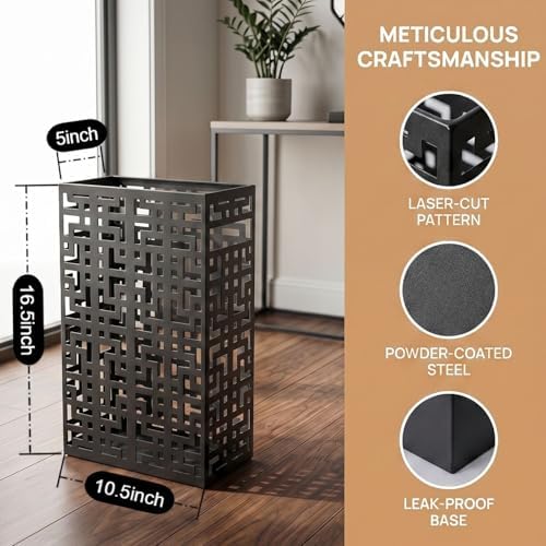 BEWBBAT Umbrella Stand Rack for Entryway, Hollow Metal Holder, FreeStanding Storage Bin for Long Umbrellas, Holds 6-7, Black - Image 2