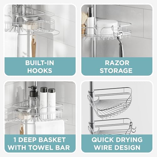 Zenna Home Tension Pole Shower Caddy Corner Organizer, Adjustable Standing Shower Caddy with 4 Baskets and Built in Towel Bar, Rust Resistant Bathroom Tension Rod Organizer, 60 to 97 Inch, Chrome - Image 6