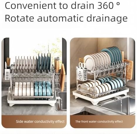 TarnorLe Double Layer Dish Drying Rack, Storage Super Large Bowl Dish Rack, Multifunctional Kitchen Countertop with Drain Pan, 304 Stainless Steel Kitchen Drying Rack, Tableware, Glass Drying Rack - Image 6