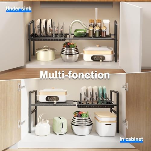 Mustorn Pots and Pans Organizer Under Cabinet, Expandable 1 Tier Under Sink Organizers and Storage Adjustable Height Kitchen Pot and Pan Lid Holder Rack with 6 Dividers Under Cabinet Shelf(Black) - Image 6