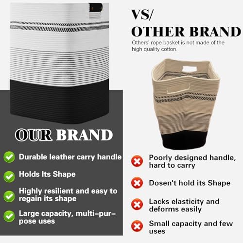 Laundry Hamper, 95L Tall Laundry Basket with Leather Handles, Rectangle Large Clothes Hamper for Organizing, Cotton Woven Laundry Baskets Storage Hampers for Bedroom, Nursery, Living Room - Image 6