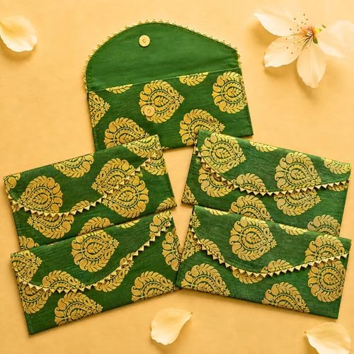 LoveNspire Brocade Fabric Money Envelopes (8 x 4 Inch) Decorative Floral Pattern Shagun Lifafa for Indian Wedding, Birthday | Cash Gift Holder & Home Savings Organizer Green/Pack of 20 by LOVENSPIRE